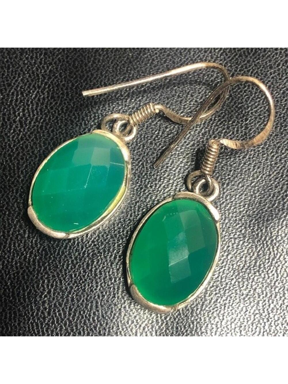 B1251 Vintage Patina Green Onyx Dangle Earrings Sterling Silver Faceted 5.4gr